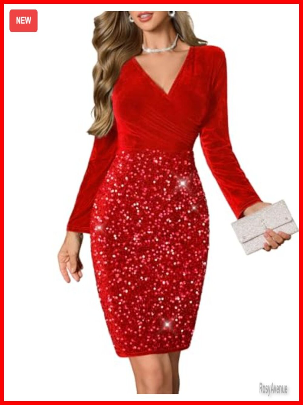 Velvet Sequin Bodycon Cocktail Dress Long Sleeve V-Neck Party